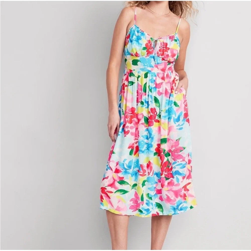 Old Navy Womens XS Floral Midi Dress Pink Blue Smocked Back Pockets Sundress - Picture 1 of 12